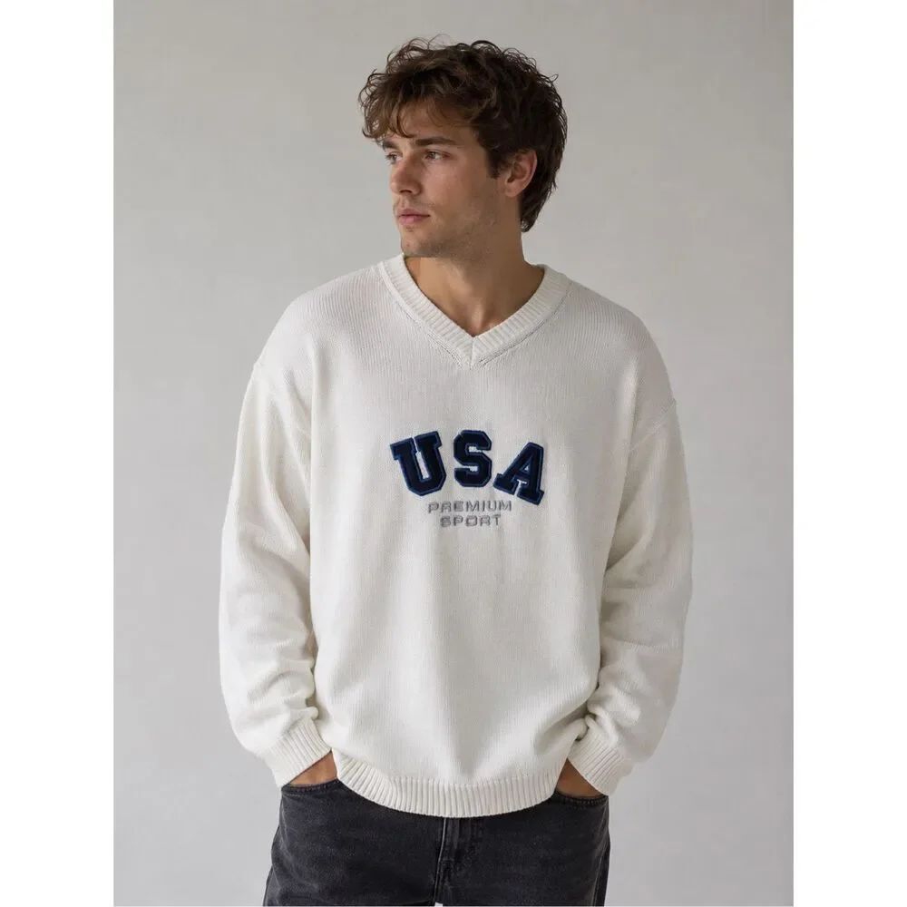 Vintage s.Oliver USA Premium Sport Knit Sweater Men’s Large White Cotton V-Neck
